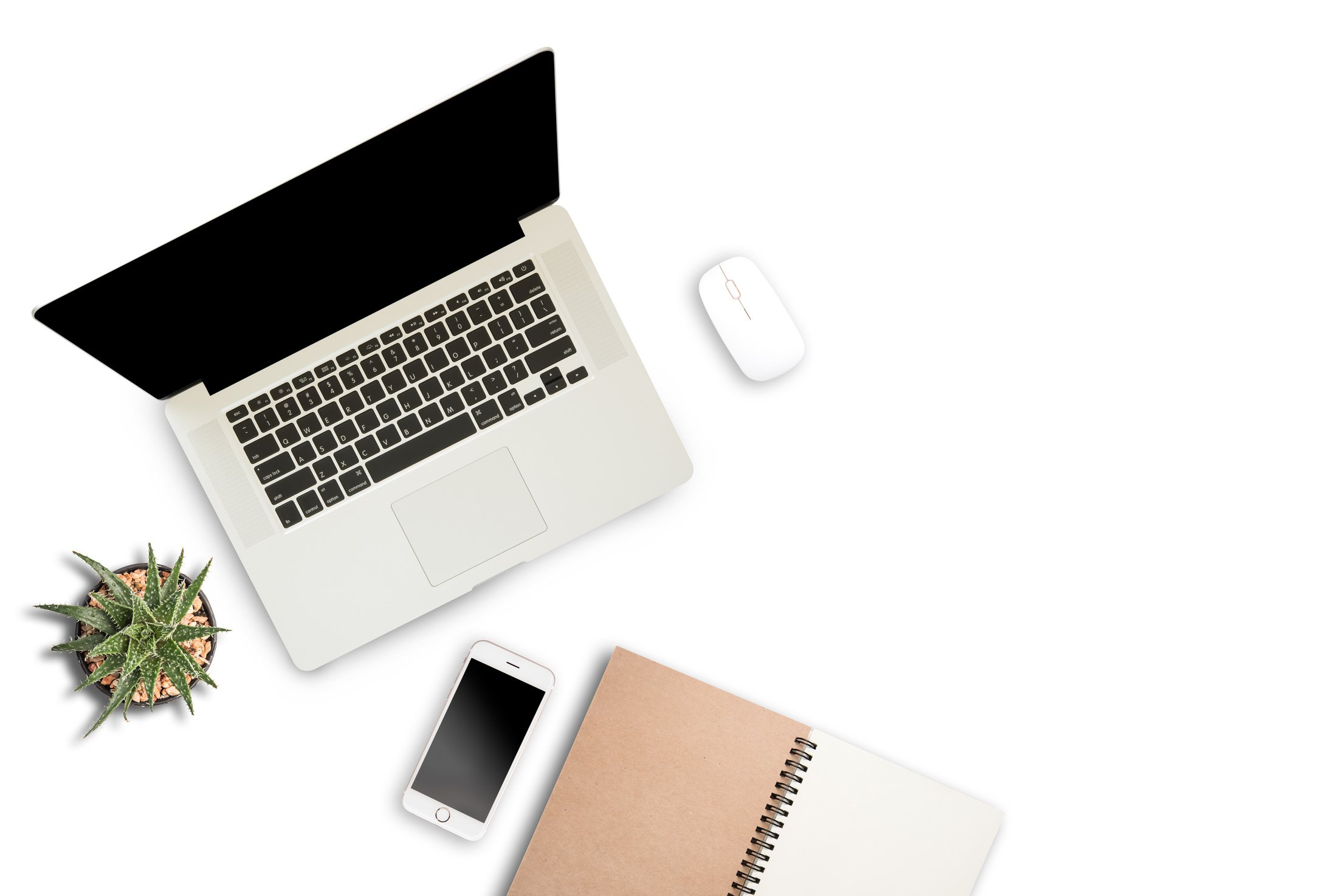 White Office Desk Table with a Lot of Things on It. Top View